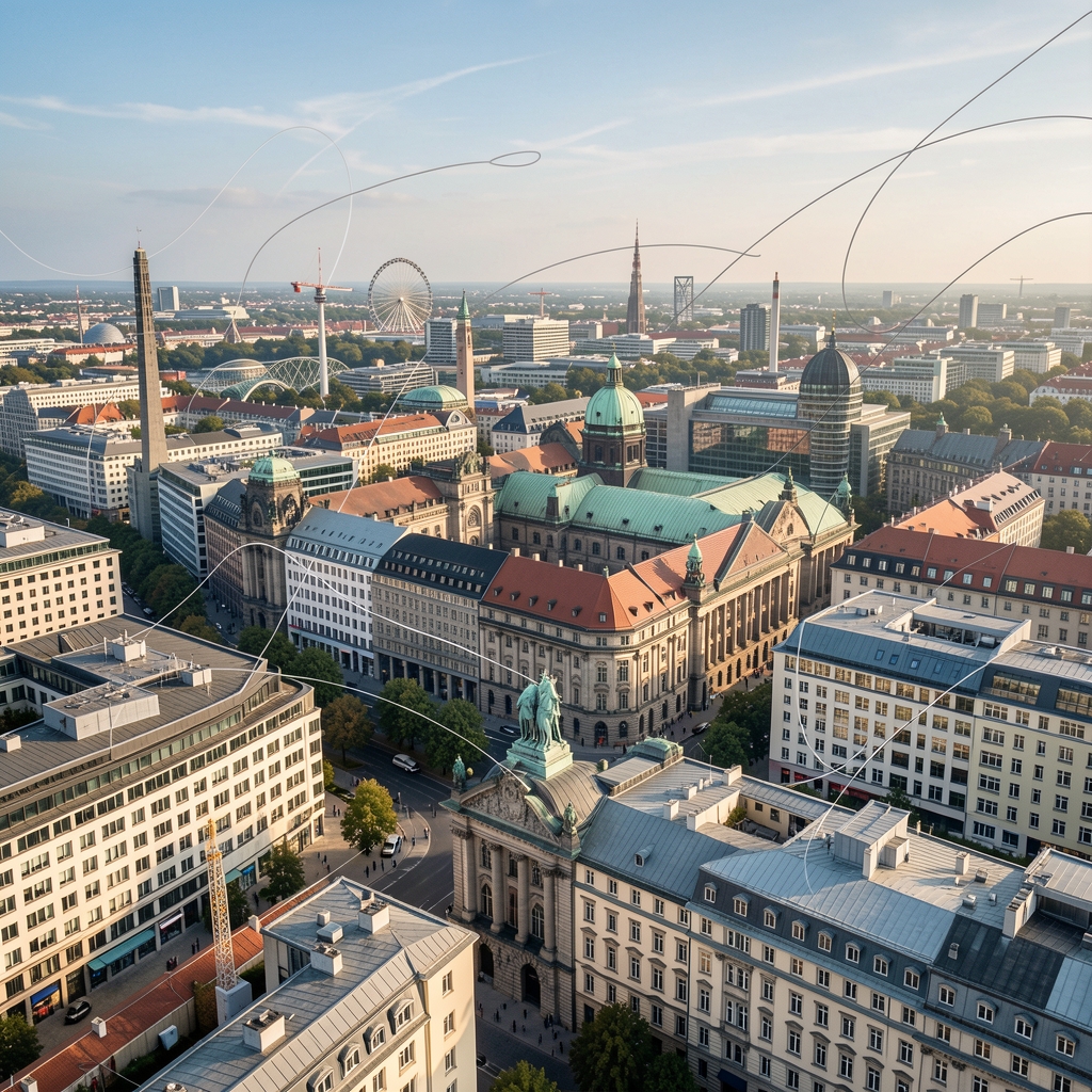 Stadtansicht von Berlin mit dezenten grafischen Linien für lokale Medienanalyse