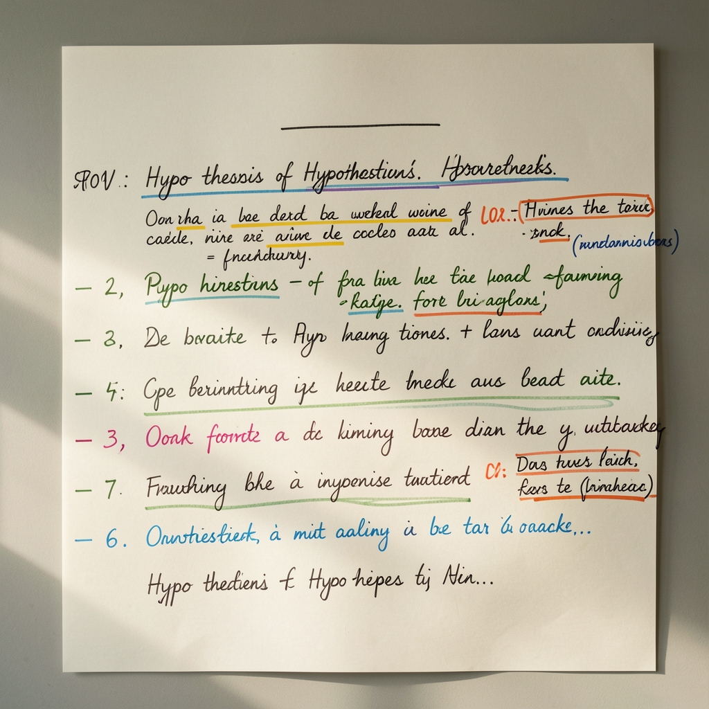 Offenes Arbeitsbuch mit handschriftlichen Hypothesen und farbigen Markierungen
