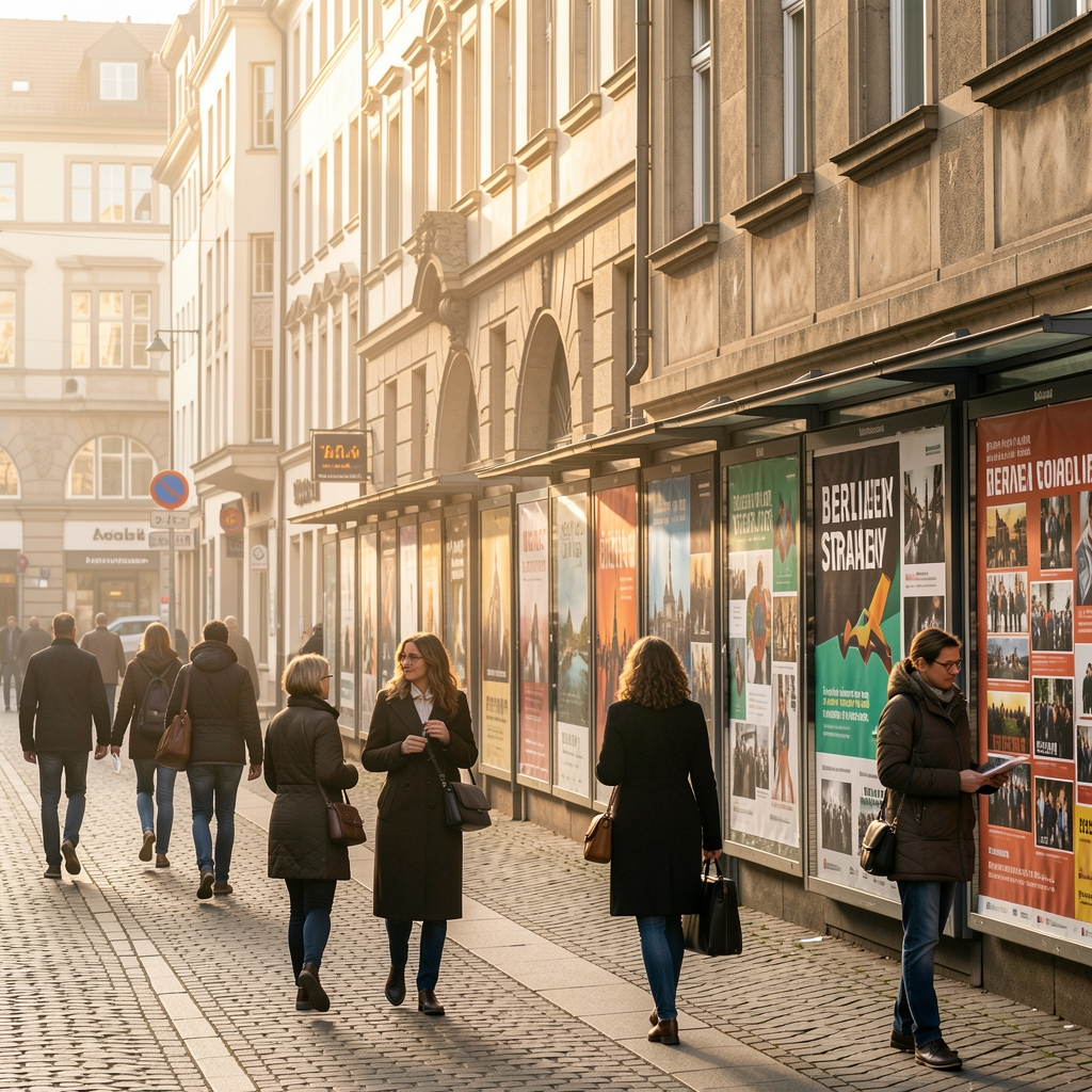 Berliner Straßenszene mit Plakatflächen und Menschen im Morgenlicht als Beispiel für lokale Kommunikation