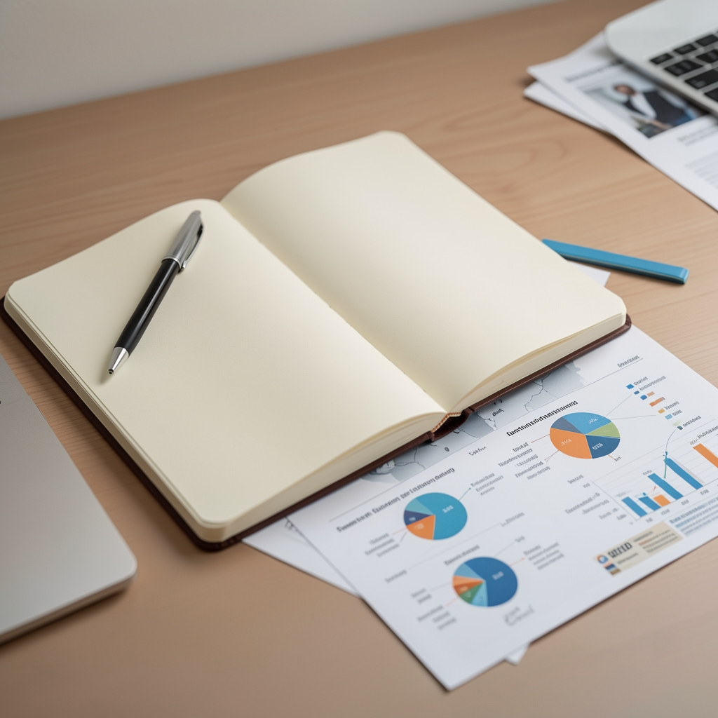 Heller Redaktionstisch mit aufgeschlagenem Notizbuch, Stift und gedruckten Marketingdiagrammen