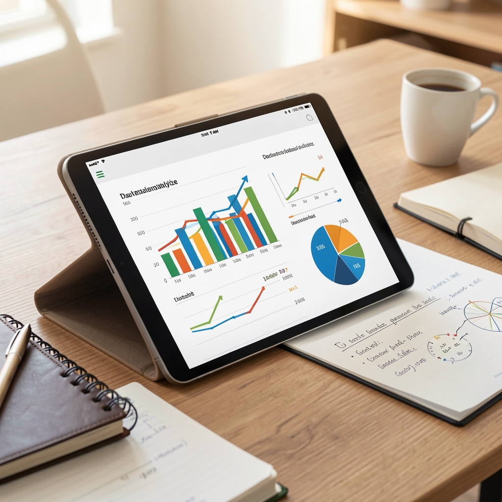 Illustration einer Datenanalyse auf einem Tablet mit Diagrammen und Notizen auf einem Berliner Schreibtisch